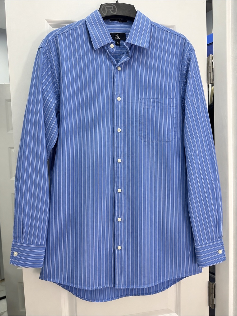 Calvin Klein Blue and White Vertical Stripe Dress Shirt